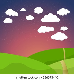 Illustration of Cartoon Retro Night Sky With Field Clouds and Stars Background Vector Template