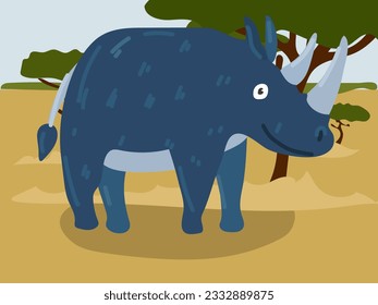 Illustration of a cartoon rhinoceros in the safari, desert. Savannah with a funny big rhinoceros. A rhinoceros in its usual place of residence. Children's illustration, printing for children's books