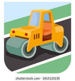 illustration of cartoon road roller at construction site, vector illustration, eps