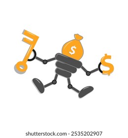 illustration of cartoon  robot is holding a key with a money symbol. The cute robot makes money automatically on the currency exchange and stock market. Flat editable vector illustration, clip ar