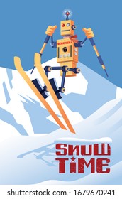 An illustration of a cartoon robot skiing in the French Alps while on holiday and taking a break from his normal artificial intelligence activities