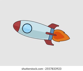 Illustration, Cartoon rocket with bright colors and fire tail. Suitable for space-themed projects, educational materials, children's designs, or creative digital content.