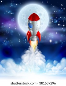 An illustration of a cartoon rocket lifting off or launching in front of a full moon