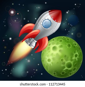 Illustration of a cartoon rocket spaceship with space background and planets and stars