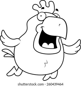 An illustration of a cartoon rooster flying and smiling.