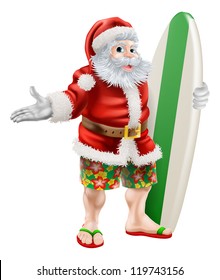 An illustration of  a cartoon Santa in beach board shorts holding a surfboard