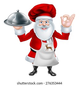 An illustration of a cartoon Santa Claus chef or cook character wearing an apron and chef hat holding a plate or platter of food