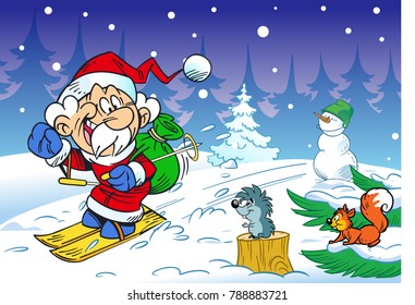 In the illustration, a cartoon santa claus on skis is hurrying through the forest for a holiday. He is seen off at him squirrel, hedgehog, snowman. Illustrationon separate layers.