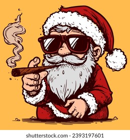 Illustration of a cartoon Santa Claus in red clothes smoking a cigarette. Mascot of a Christmas old man sitting and holding a pipe.