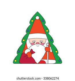 Illustration of cartoon Santa Claus with a sack and a staff standing on the background of the Christmas tree