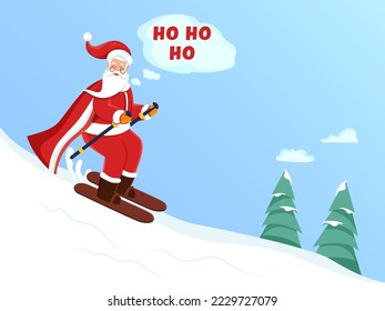 Illustration Of Cartoon Santa Claus Skiing And Say HO HO HO Against Snow Blue Background