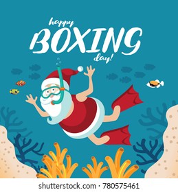 Illustration of cartoon Santa Claus snorkeling the day after Christmas. Wishing you a happy Boxing Day, EPS10 vector. 