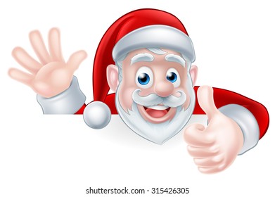 An illustration of a cartoon Santa claus waving and giving a thumbs up while peeking over a sign