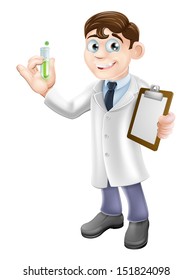 An illustration of a cartoon scientist holding a test tube and clipboard in a white lab coat performing an experiment