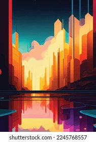 Illustration of a cartoon scifi city with clouds, water, building and planets. scifi, mystical, comic.