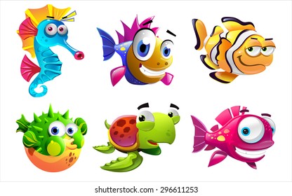 Illustration Of The Cartoon Sea Creatures On A White Background