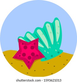 illustration of cartoon sea star and green seashell