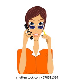 illustration of cartoon secretary talking on phone holding pencil in her hand