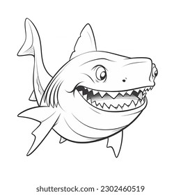 Illustration of a Cartoon Shark in a Black and White Outline, Perfect for Clipart and Design Projects Featuring this Sea Creature