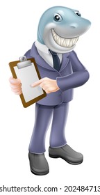 An illustration of a cartoon shark business man holding a clipboard or contract and smiling. Concept for unscrupulous, dishonest or dangerous business person. 