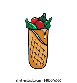 Illustration of cartoon shawarma or vegan roll. Pita bread with tomatoes, lettuce. Vector version.