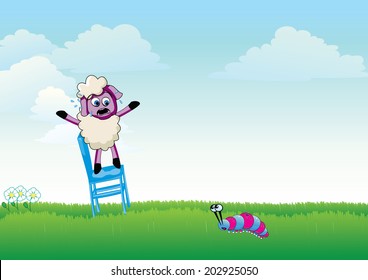 illustration of cartoon sheep scared of worm