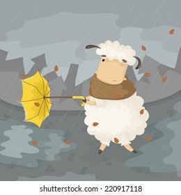 Illustration of cartoon sheep with umbrella