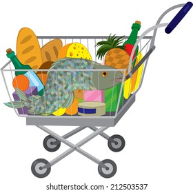 Illustration Cartoon Shopping Cart Full Groceries Stock Vector (Royalty ...