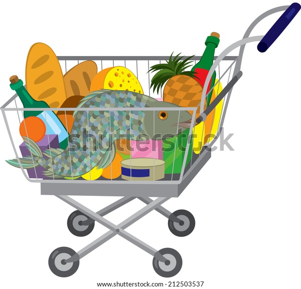 Illustration of cartoon shopping cart full of groceries isolated on