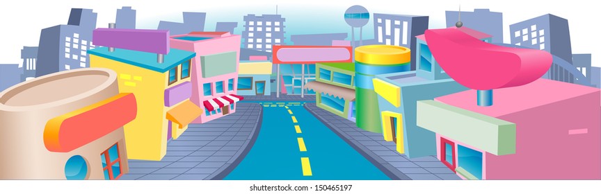 An illustration of a of cartoon shopping street with lots of interesting shops