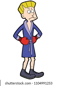 Illustration Cartoon Skinny Fighter Wearing Blue Boxing Robe And Red Gloves 