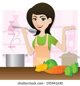 illustration of cartoon smart girl cooking vegetarian soup in kitchen