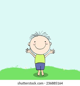 Illustration of cartoon smiling boy who stands on the meadow 