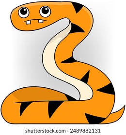 An illustration of a cartoon snake with an orange body and black stripes, featuring a goofy expression and small fangs.