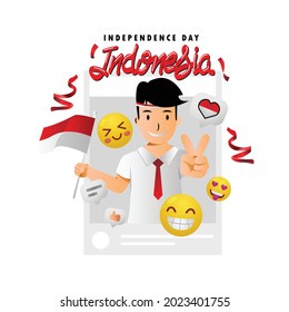 Illustration cartoon social media kid boy celebration indonesia independence day