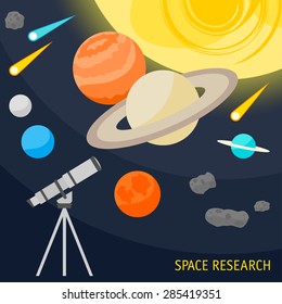 illustration with cartoon space objects and telescope isolated on dark cover for use in design for card, poster, banner, placard,  brochures, book or billboard 