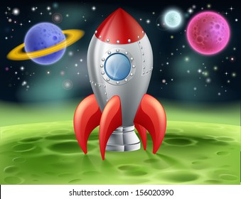 An Illustration Of A Cartoon Space Rocket On An Alien Planet Or Moon