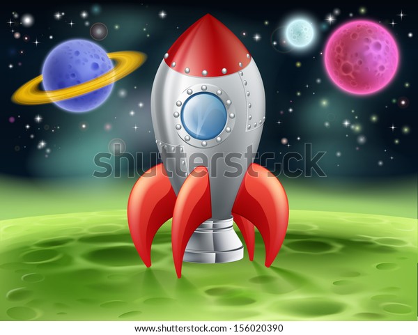 An illustration of a cartoon space rocket on an
alien planet or moon