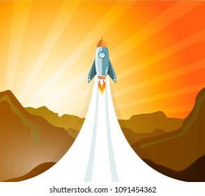 Illustration of a cartoon spaceship landing on martian red desert landscape