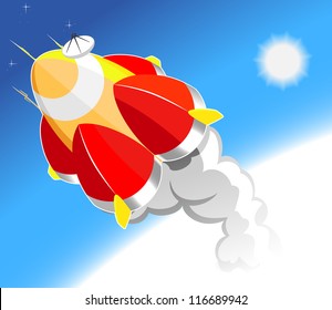 illustration of cartoon spaceship launched from the planet