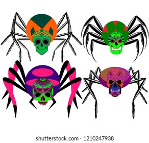Illustration of a cartoon spider with a human skull instead of a head, set on a white background