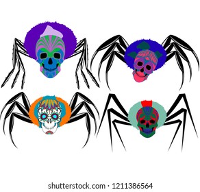 Illustration of a cartoon spider with a human skull instead of a head, set on a white background