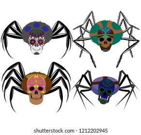 Illustration of a cartoon spider with a human skull instead of a head, set on a white background