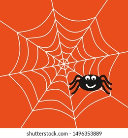 Illustration of cartoon spider on the spiderweb. Cute black spider. Halloween banner.
