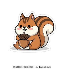 Ilustração de um esquilo de desenho animado com uma cauda fofa segurando uma bolota