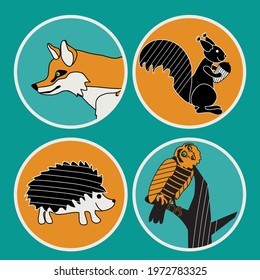 illustration with cartoon squirrel, fox, hedgehog and owl, vector design for paper, fabric and other surface