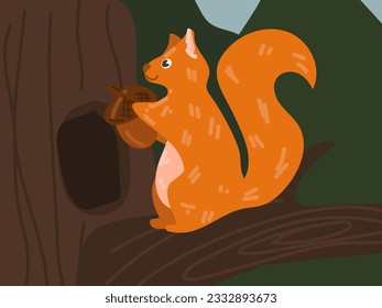 Illustration of a cartoon squirrel with a nut on a tree near the house. Forest world with a funny squirrel. A squirrel in its habitual habitat. Children's illustration, printing for children's books