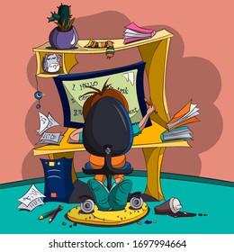 Illustration cartoon style for a children's book, comic book. A boy sits at a table, at the monitor, scattered books and paper. Perform work, study at home