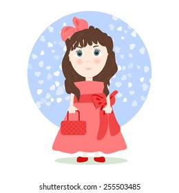 Illustration in cartoon style - girl in a smart red dress and a pink bow, with dark hair and a red handbag. Vector.