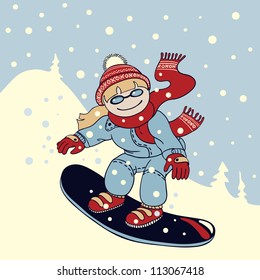 Illustration in cartoon style: girl snowboarder rides down the mountain